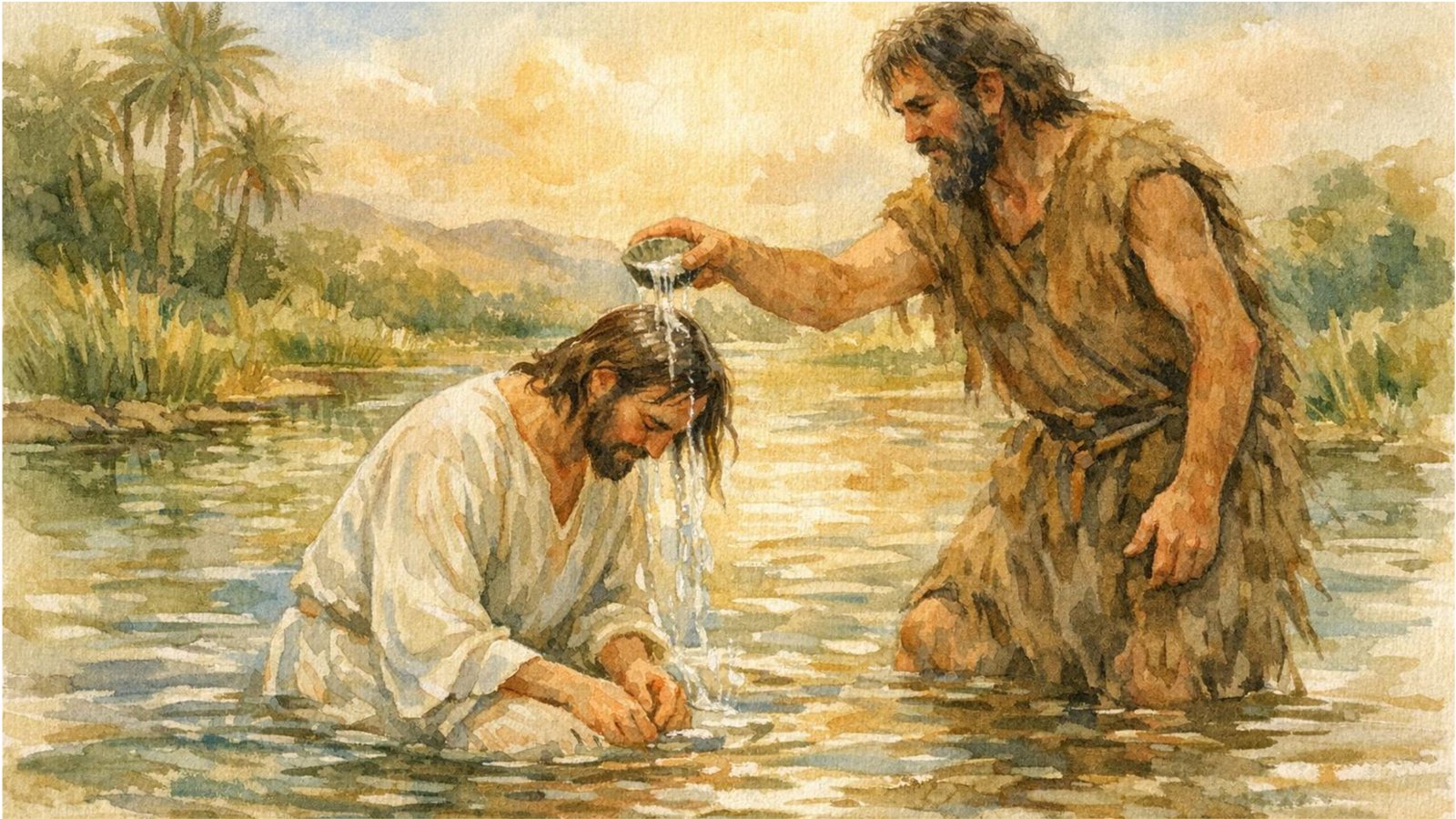 John baptizes Jesus in the river Jordan
