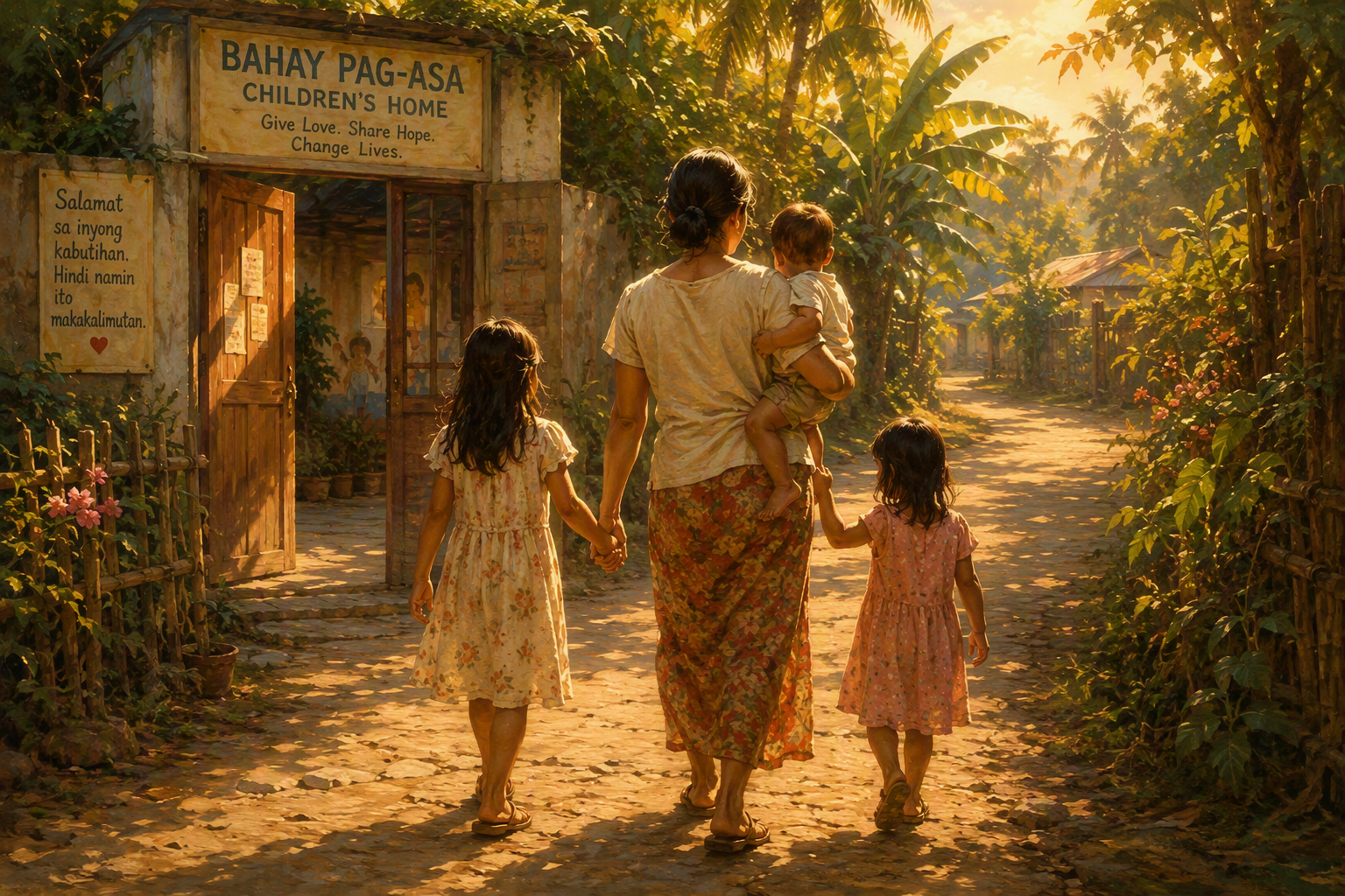 A detailed illustration in the classic, warm Filipino Norman Rockwell art style. A Filipino mother is walking away down a sunlit, tropical path, holding the hand of a joyful five-year-old girl and a seven-year-old sister, while carrying a baby brother in her other arm. They are viewed entirely from behind, so no faces are visible. In the soft background, the humble doors of a local children's home stand open. Rich, warm, golden-hour lighting, highly detailed, capturing a sense of deep gratitude, a rare victory, and a hopeful journey home in a 16:9 banner aspect ratio.