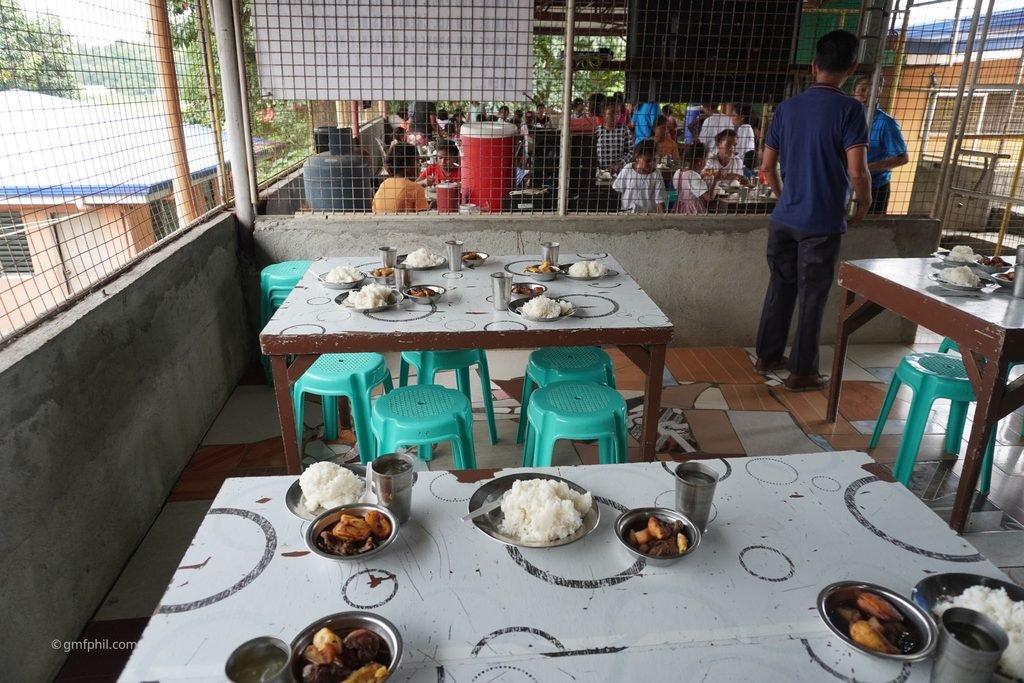 Lunch tables with food.